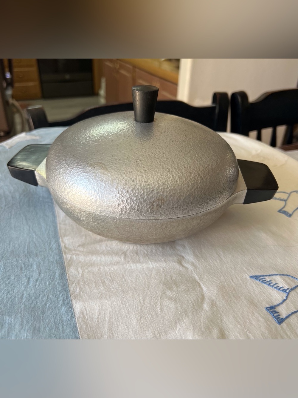 Vintage Silver Hammered Aluminum Covered Skillet with Black Handles